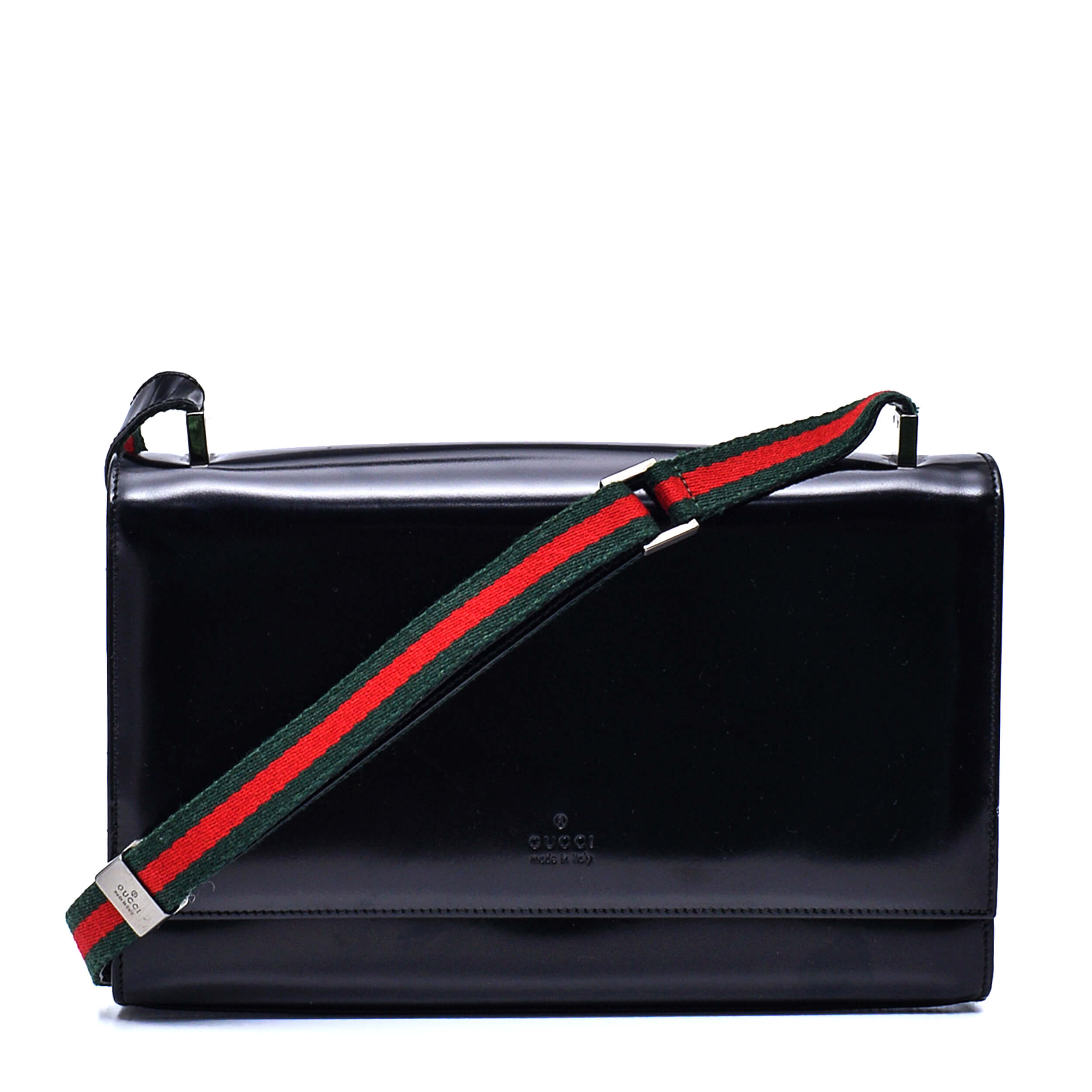 Gucci - Black Patent Leather Vintage Web Striped Strap Messenger Bag